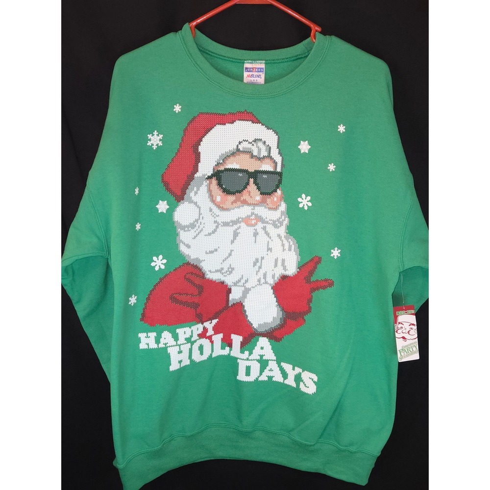 Party Animal Mens Green Santa Claus Cool Shades Ugly Christmas‎ Sweatshirt Large